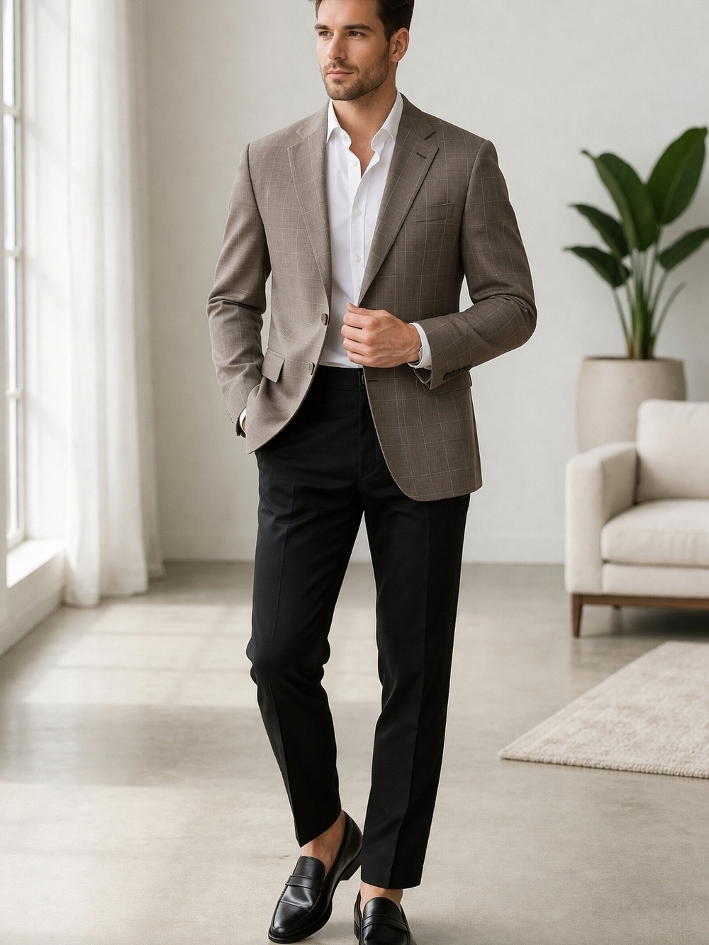 Maxwell’s Custom Tailored Brown Windowpane Blazer Wool Sport Coat 46R Classic - Picture 2 of 13